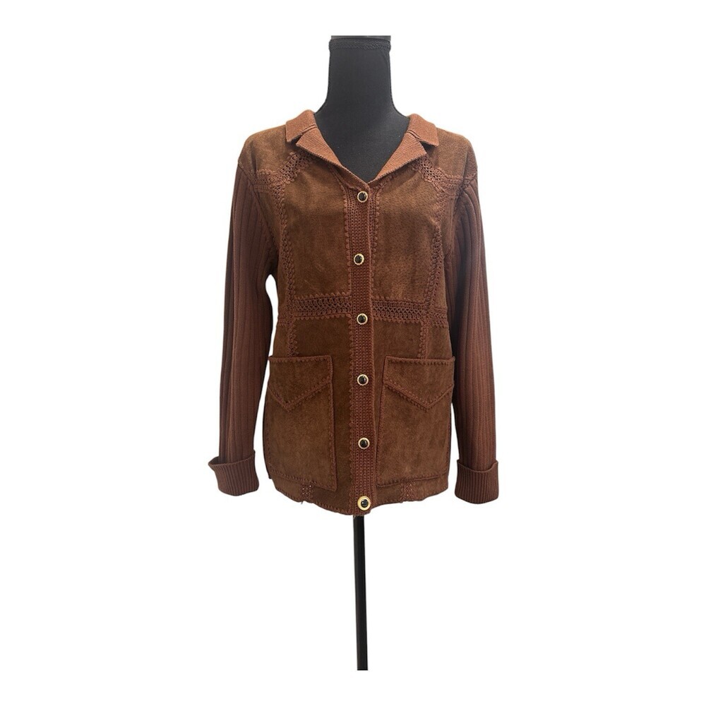Vintage Lisa International Brown Suede Knit Cardigan Size M